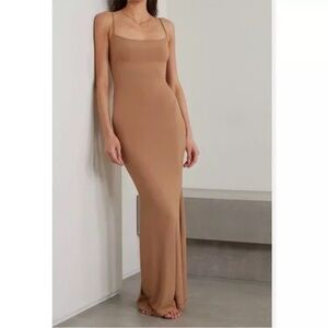SKIMS Ribbed Long Lounge Dress in Camel